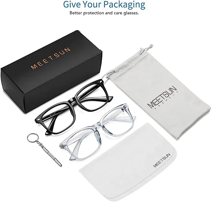 New 2 Pack MEETSUN Blue Light Blocking Glasses, Anti Eye Strain Headache (Sleep Better),Computer Glasses UV400 Transparent Lens, 1 black, 1 grey