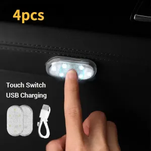 NEW 4-Pack USB Rechargeable Car LED Touch Lights, Magnetic Auto Door Light, Roof Ceiling Lamp, Reading Light, 5V Wireless Magnetic Car Light Set, White