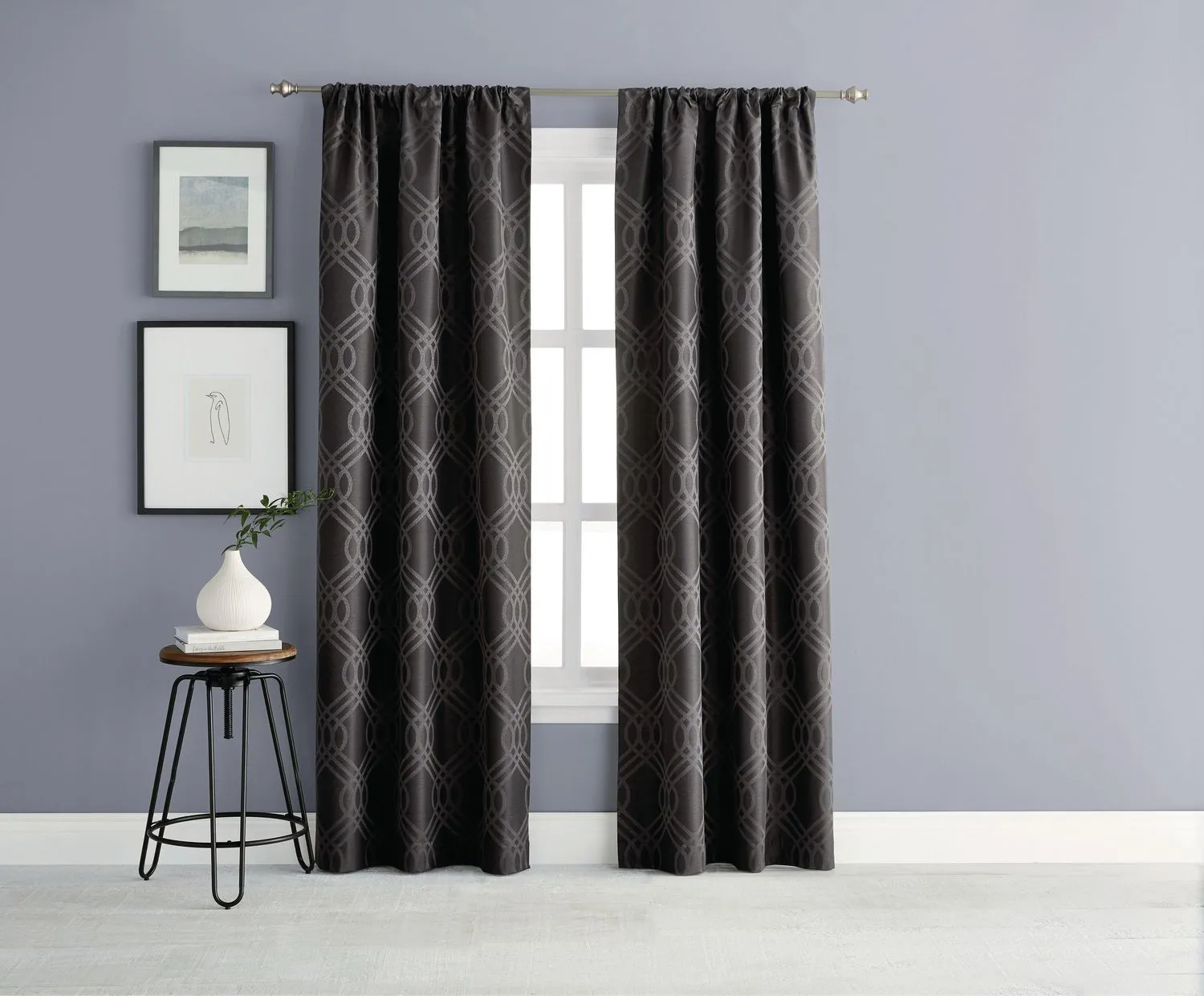 New Eclipse Zana Trellis Blackout Curtain Panels, set of 3 panels in Black/Dark Grey, Sz 4O"W X 63" L