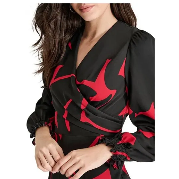 NWT DKNY Surplice V-Neck Long Balloon Sleeve Asymmetrical Hem Dress