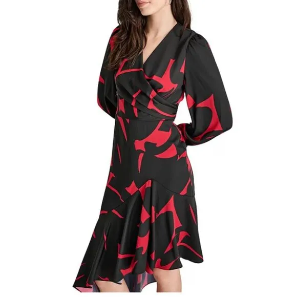 NWT DKNY Surplice V-Neck Long Balloon Sleeve Asymmetrical Hem Dress