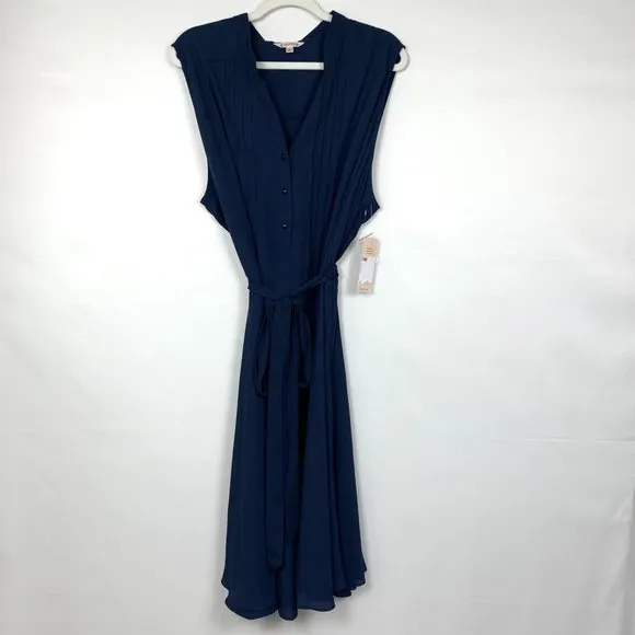 NWT Nanette Lepore Sleeveless Button Down Pintuck Pleat Waist Tie Midi Dress
