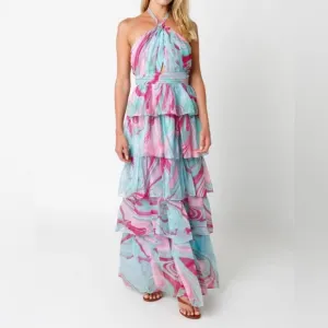 NWT OLIVACEOUS Candy Swirl Pink &amp; Green Tiered Maxi Dress Halter Neck Sz Large