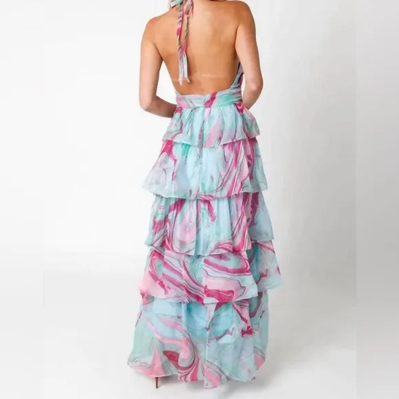 NWT OLIVACEOUS Candy Swirl Pink &amp; Green Tiered Maxi Dress Halter Neck Sz Large