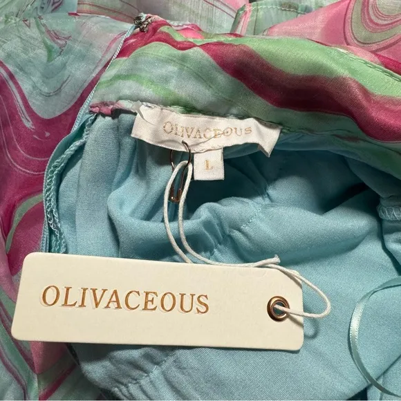 NWT OLIVACEOUS Candy Swirl Pink &amp; Green Tiered Maxi Dress Halter Neck Sz Large