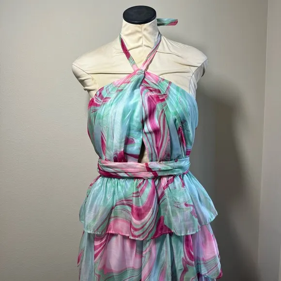 NWT OLIVACEOUS Candy Swirl Pink &amp; Green Tiered Maxi Dress Halter Neck Sz Large