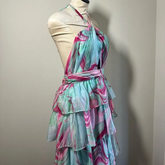 NWT OLIVACEOUS Candy Swirl Pink &amp; Green Tiered Maxi Dress Halter Neck Sz Large