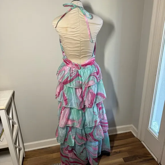NWT OLIVACEOUS Candy Swirl Pink &amp; Green Tiered Maxi Dress Halter Neck Sz Large