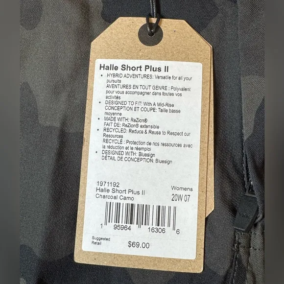 NWT Prana Women's Halle Short Plus II Camouflage 7” Shorts - 20W Charcoal Camo