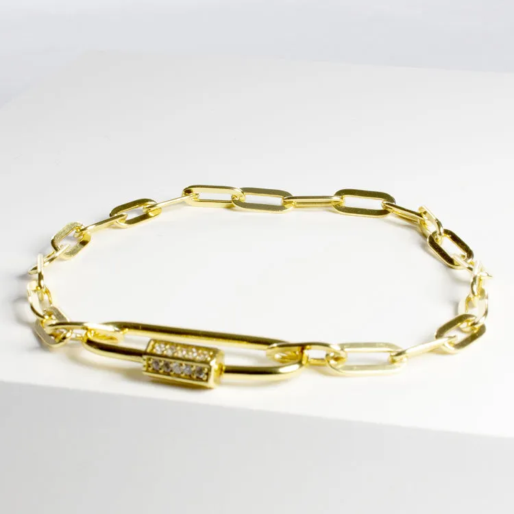 Open Link Chain Bracelet with CZ Clasp - Gold