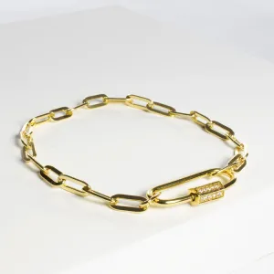 Open Link Chain Bracelet with CZ Clasp - Gold