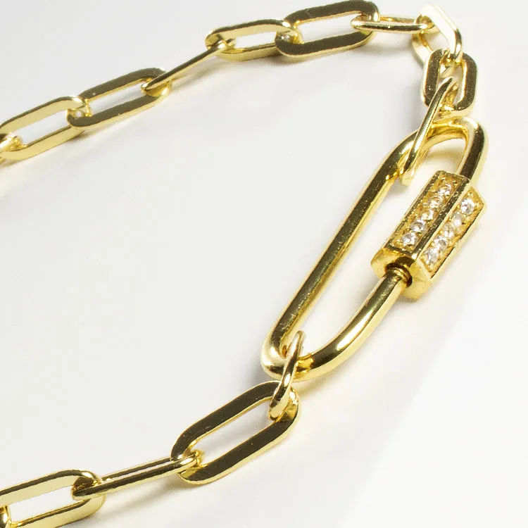 Open Link Chain Bracelet with CZ Clasp - Gold