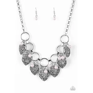 Paparazzi "Very Valentine" Pink Bead Vintage Heart Silver Necklace Earrings Set