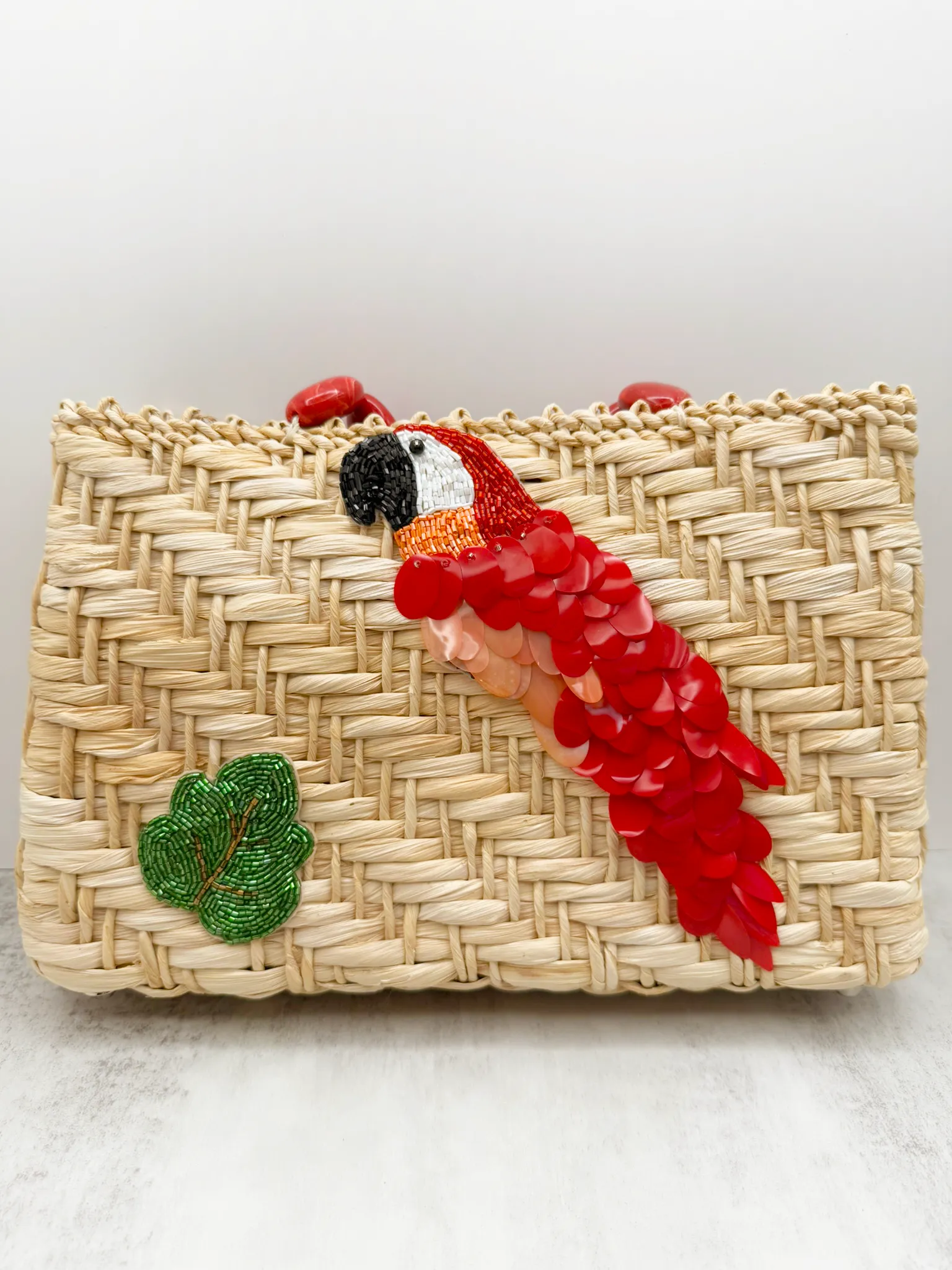 Parrot Paradise Handcrafted Bag – Natural Straw Fiber with Embellished Sequins and Resin Handle
