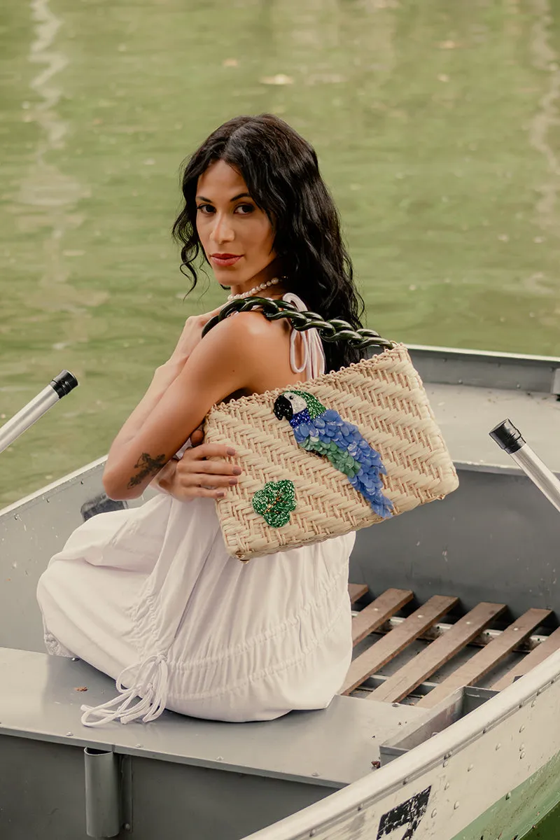 Parrot Paradise Handcrafted Bag – Natural Straw Fiber with Embellished Sequins and Resin Handle