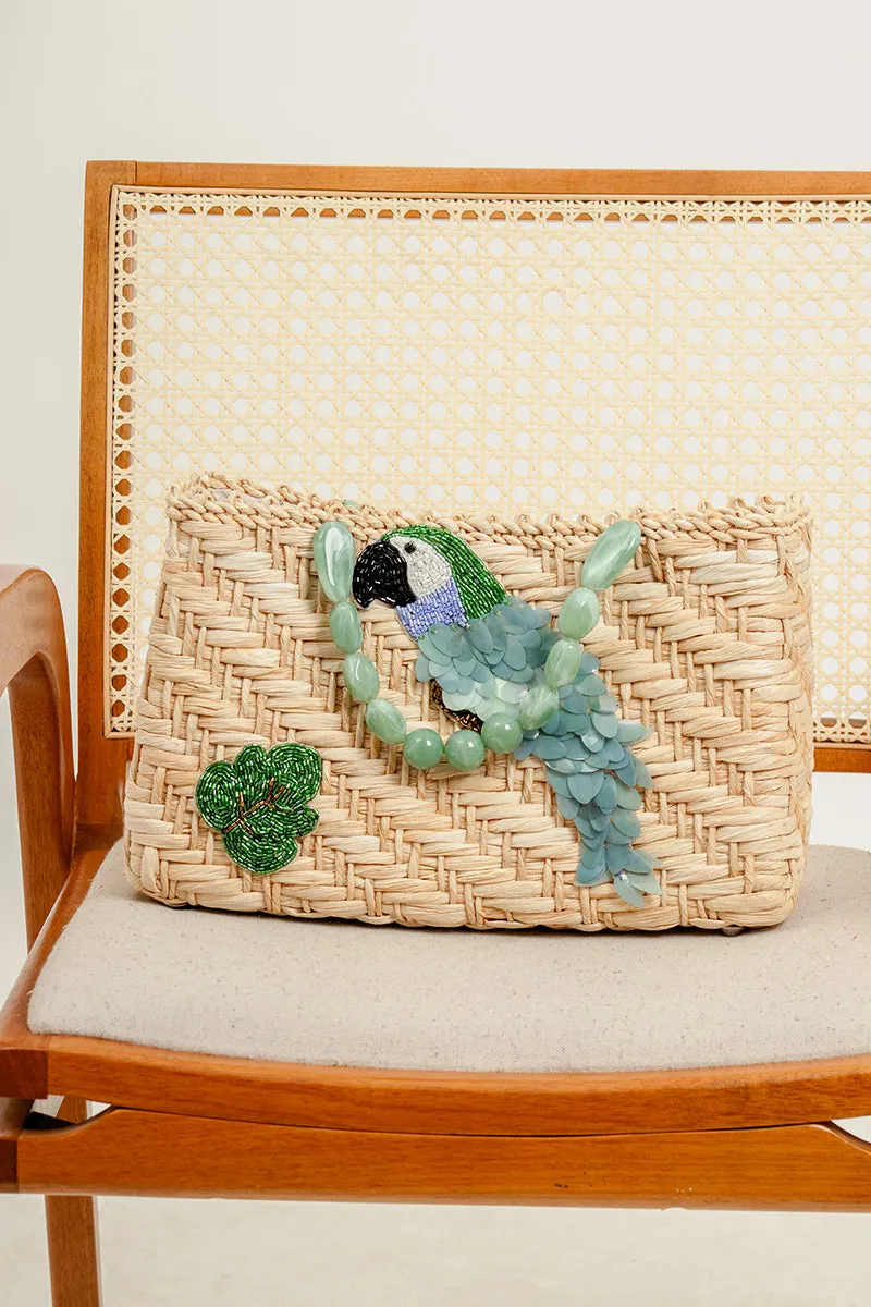 Parrot Paradise Handcrafted Bag – Natural Straw Fiber with Embellished Sequins and Resin Handle