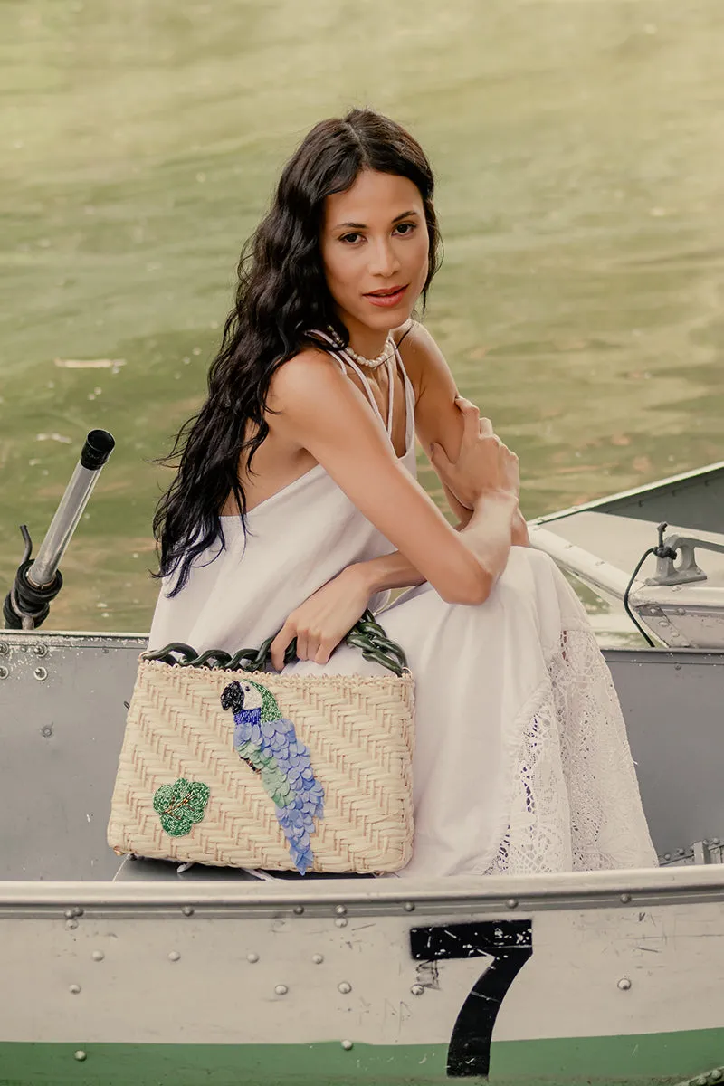 Parrot Paradise Handcrafted Bag – Natural Straw Fiber with Embellished Sequins and Resin Handle