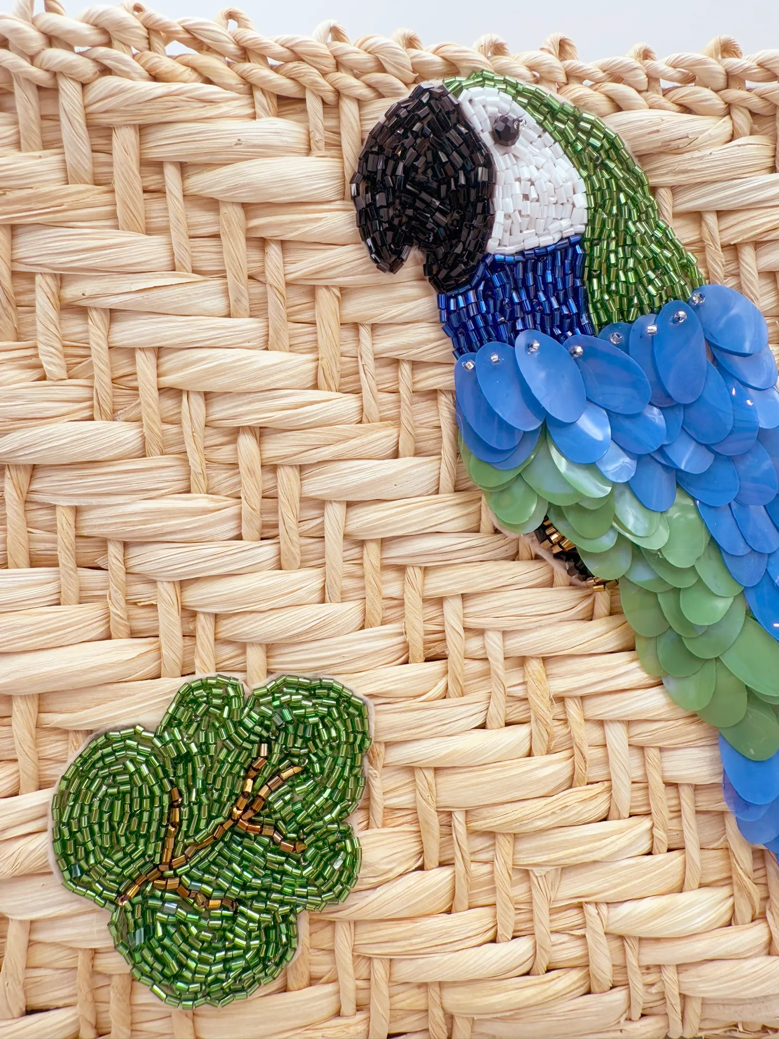 Parrot Paradise Handcrafted Bag – Natural Straw Fiber with Embellished Sequins and Resin Handle