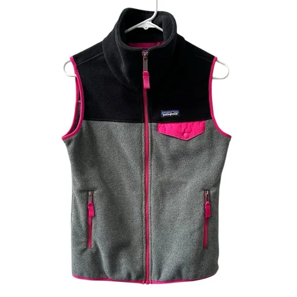 Patagonia Synchilla Full Zip Fleece Vest, Women Size XS; Black, Gray &amp; Pink.