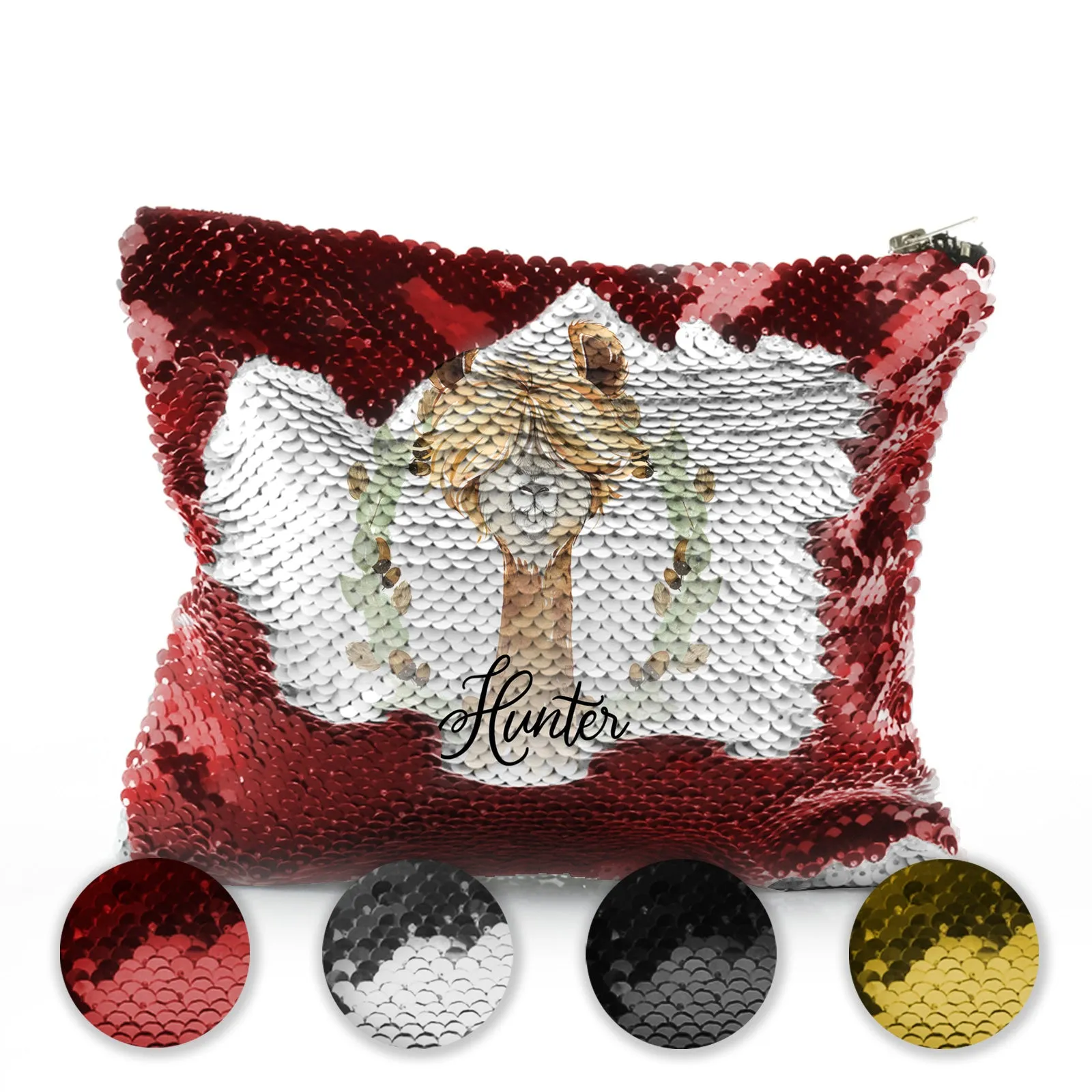 Personalised Sequin Zip Bag with Brown Alpaca Acorn Wreath and Cute Text