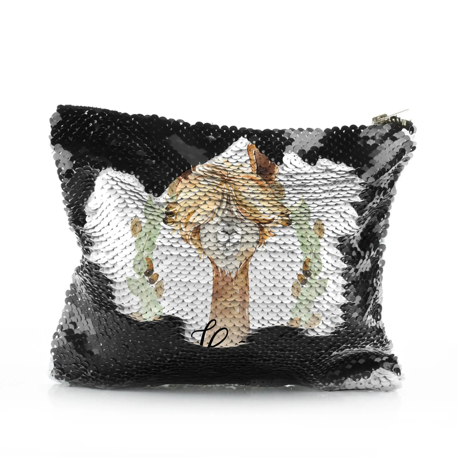 Personalised Sequin Zip Bag with Brown Alpaca Acorn Wreath and Cute Text