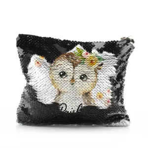Personalised Sequin Zip Bag with Brown Owl Yellow Flowers and Cute Text