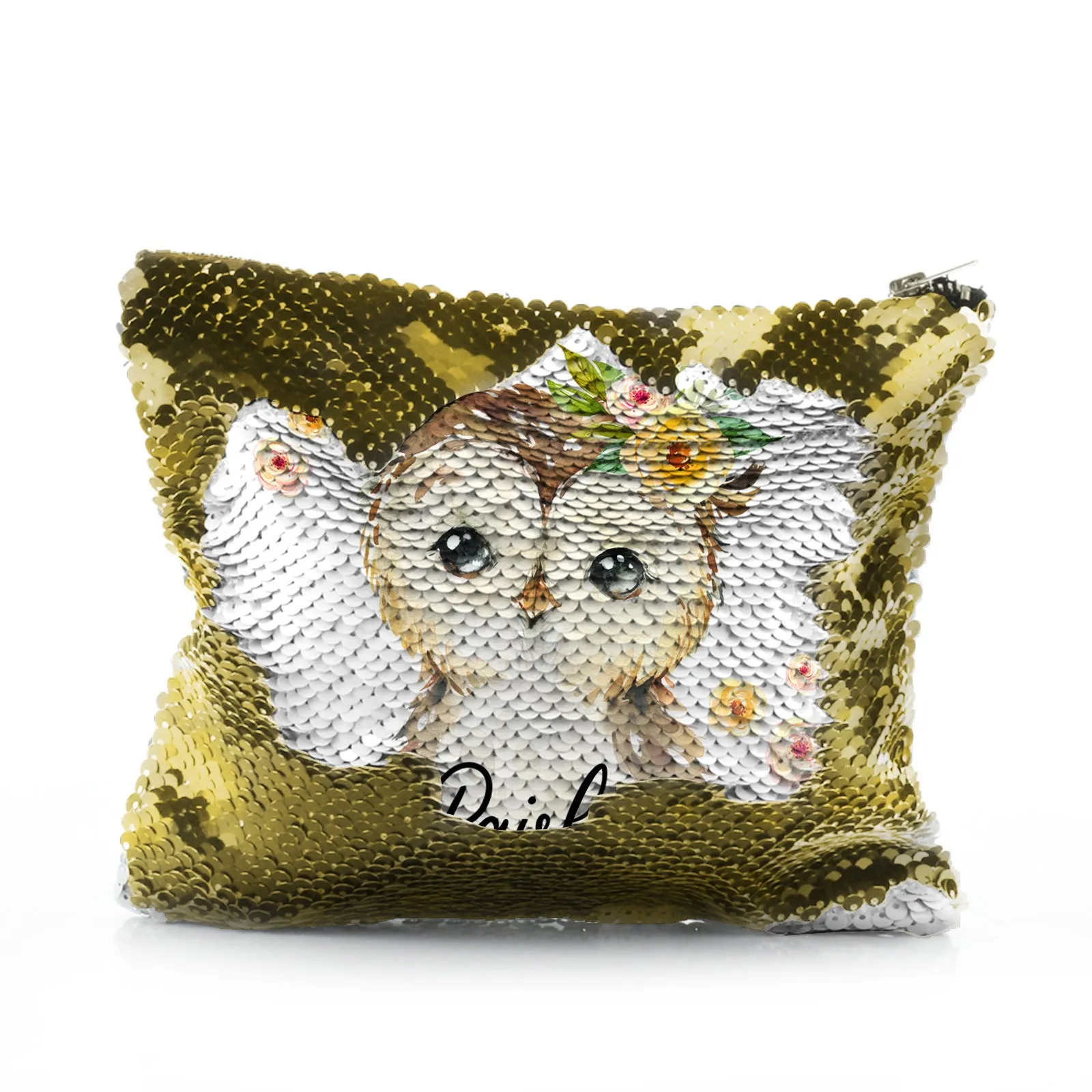Personalised Sequin Zip Bag with Brown Owl Yellow Flowers and Cute Text