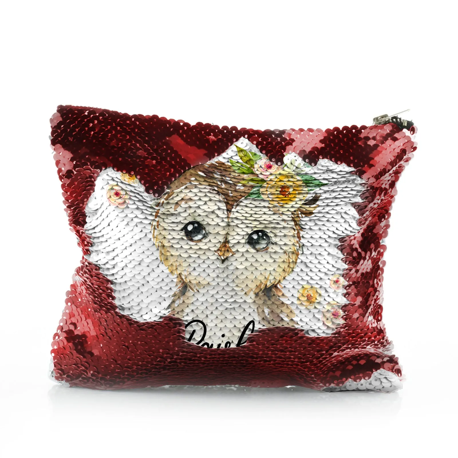Personalised Sequin Zip Bag with Brown Owl Yellow Flowers and Cute Text
