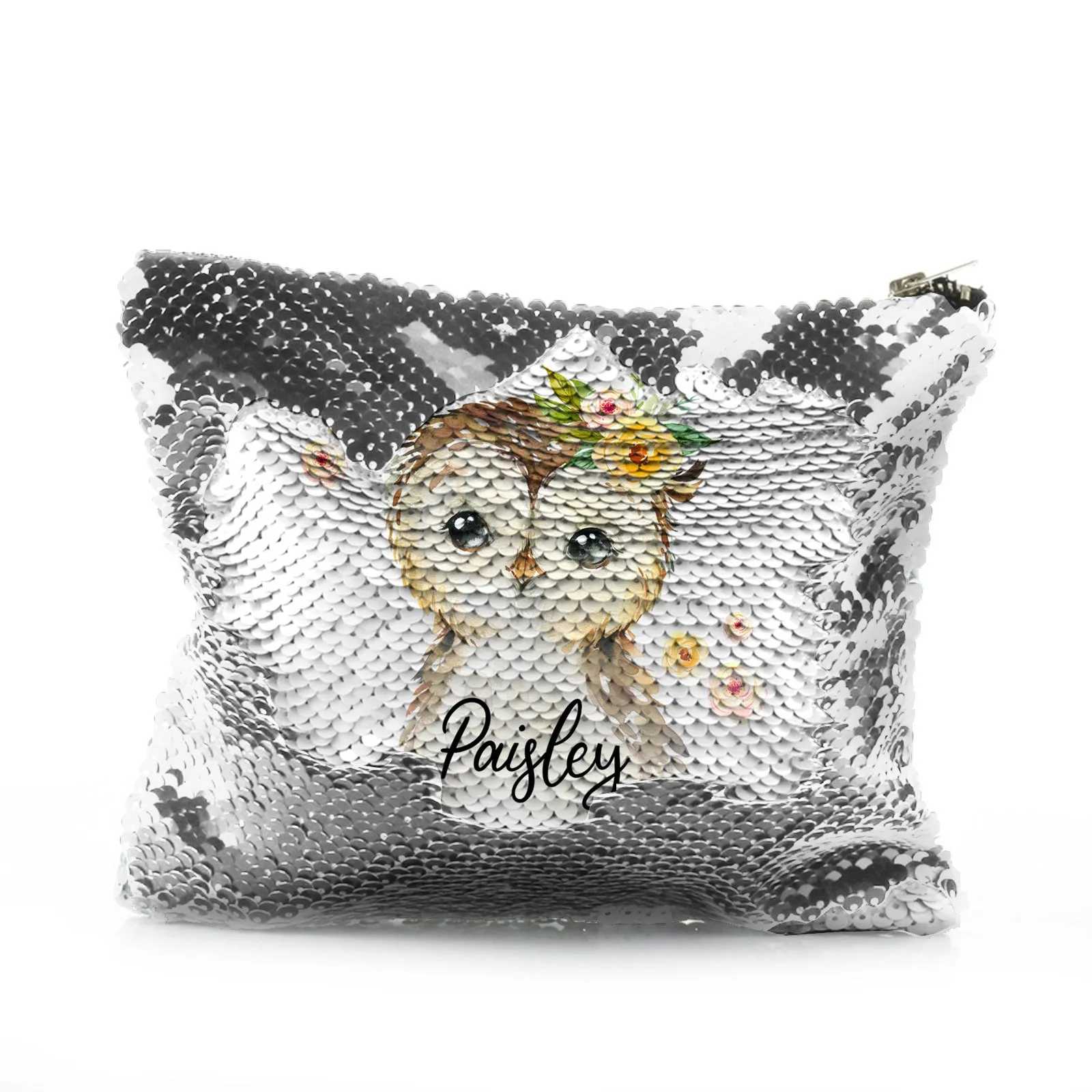 Personalised Sequin Zip Bag with Brown Owl Yellow Flowers and Cute Text