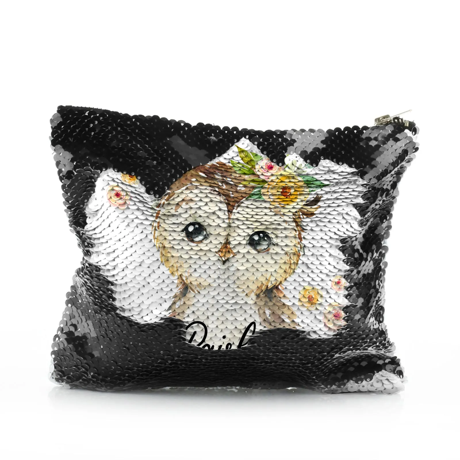 Personalised Sequin Zip Bag with Brown Owl Yellow Flowers and Cute Text