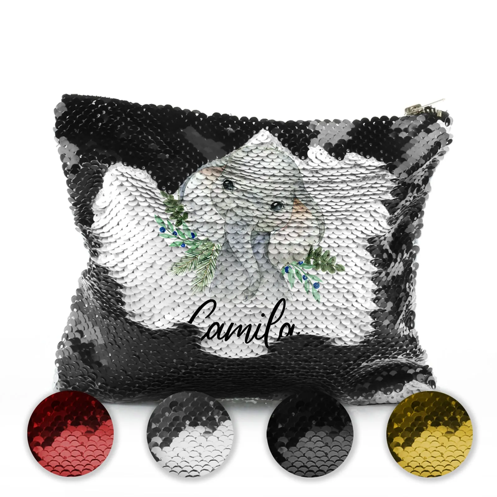 Personalised Sequin Zip Bag with Elephant Blue Berries and Cute Text