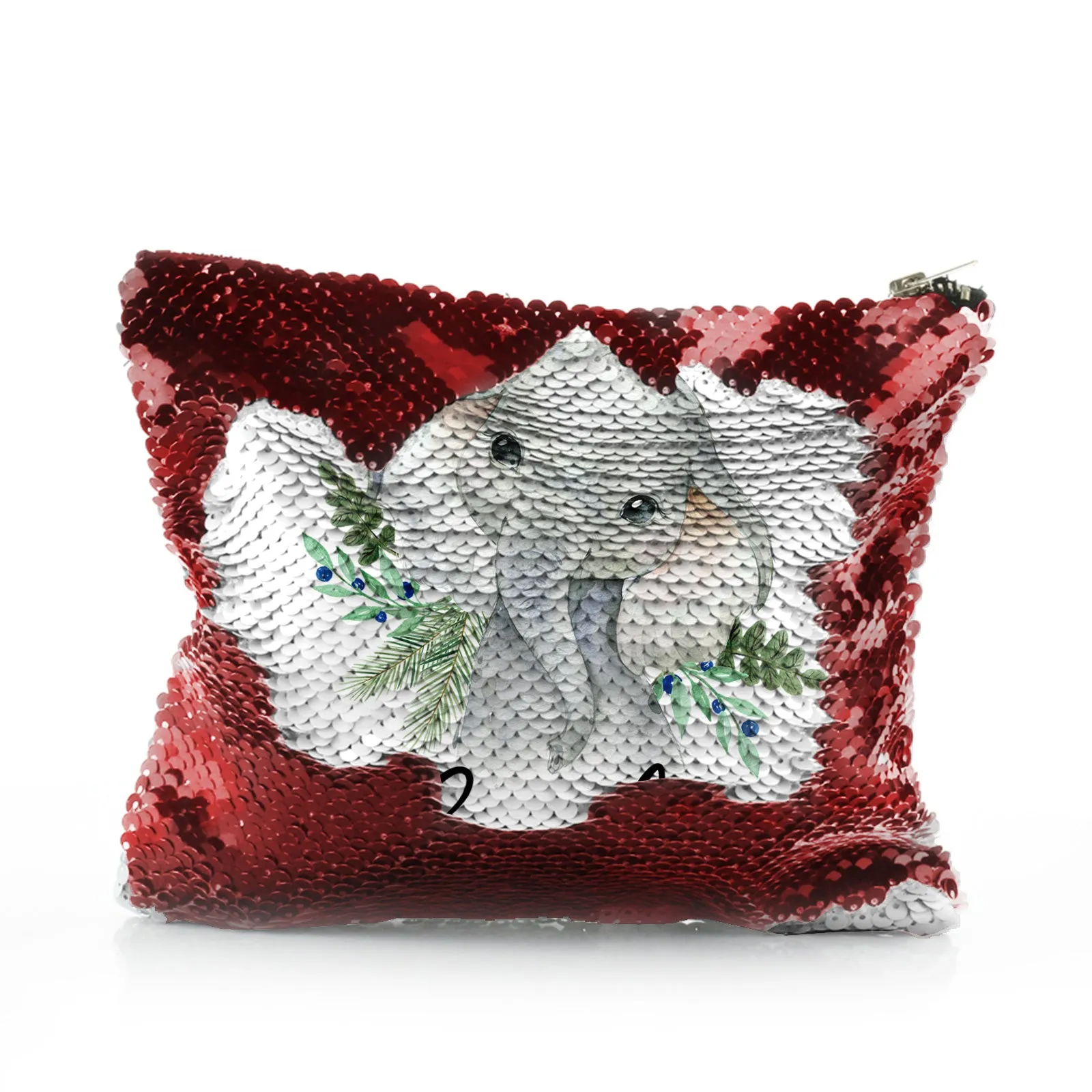 Personalised Sequin Zip Bag with Elephant Blue Berries and Cute Text