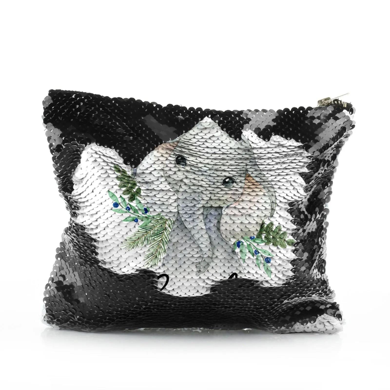 Personalised Sequin Zip Bag with Elephant Blue Berries and Cute Text