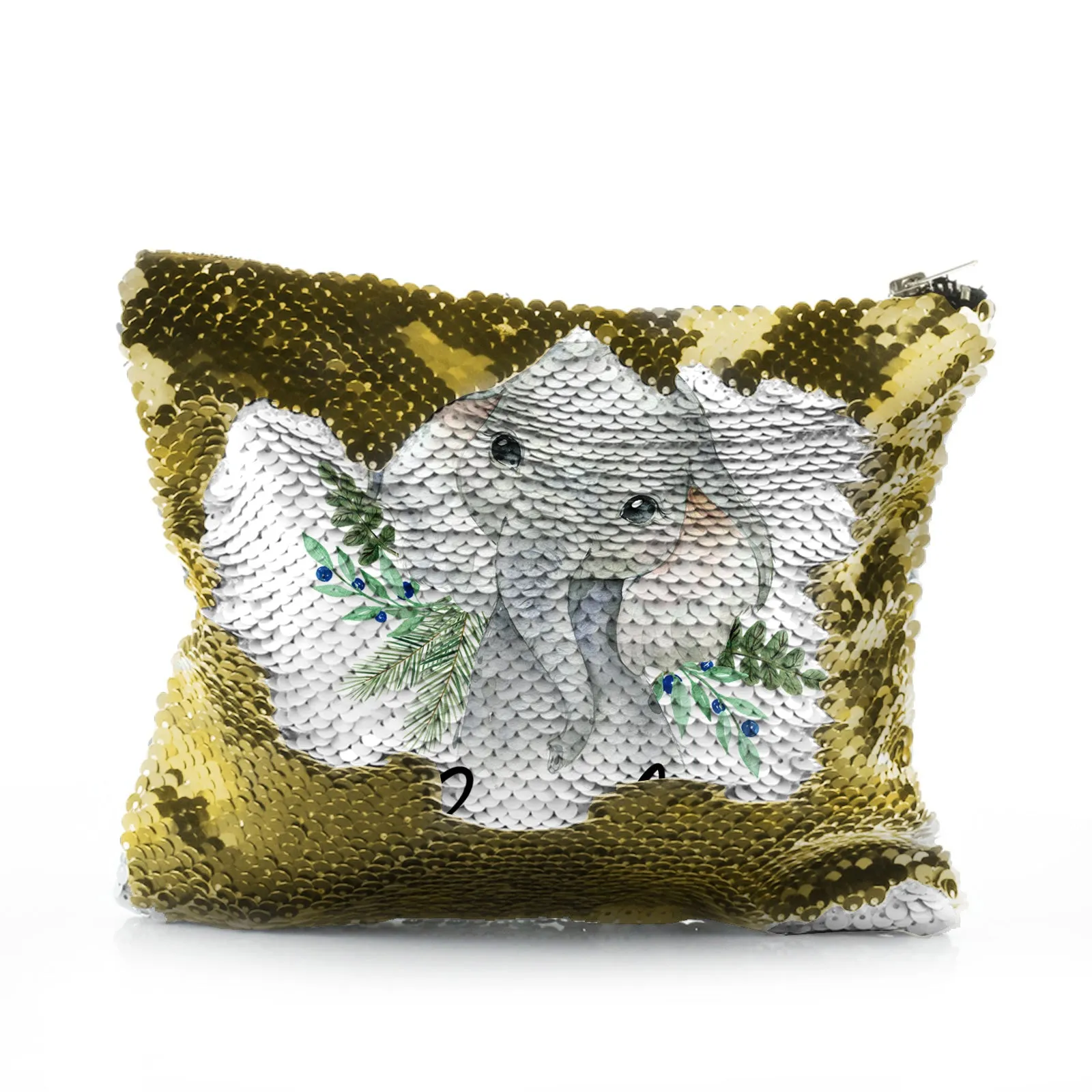 Personalised Sequin Zip Bag with Elephant Blue Berries and Cute Text