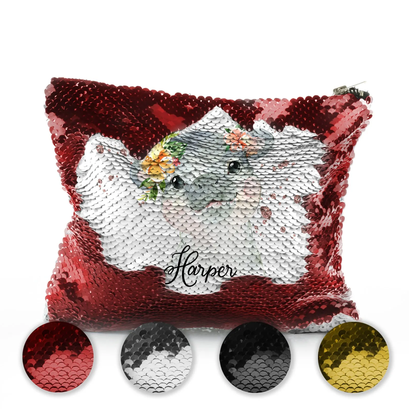 Personalised Sequin Zip Bag with Hippo Rain Drop Glitter Print and Cute Text