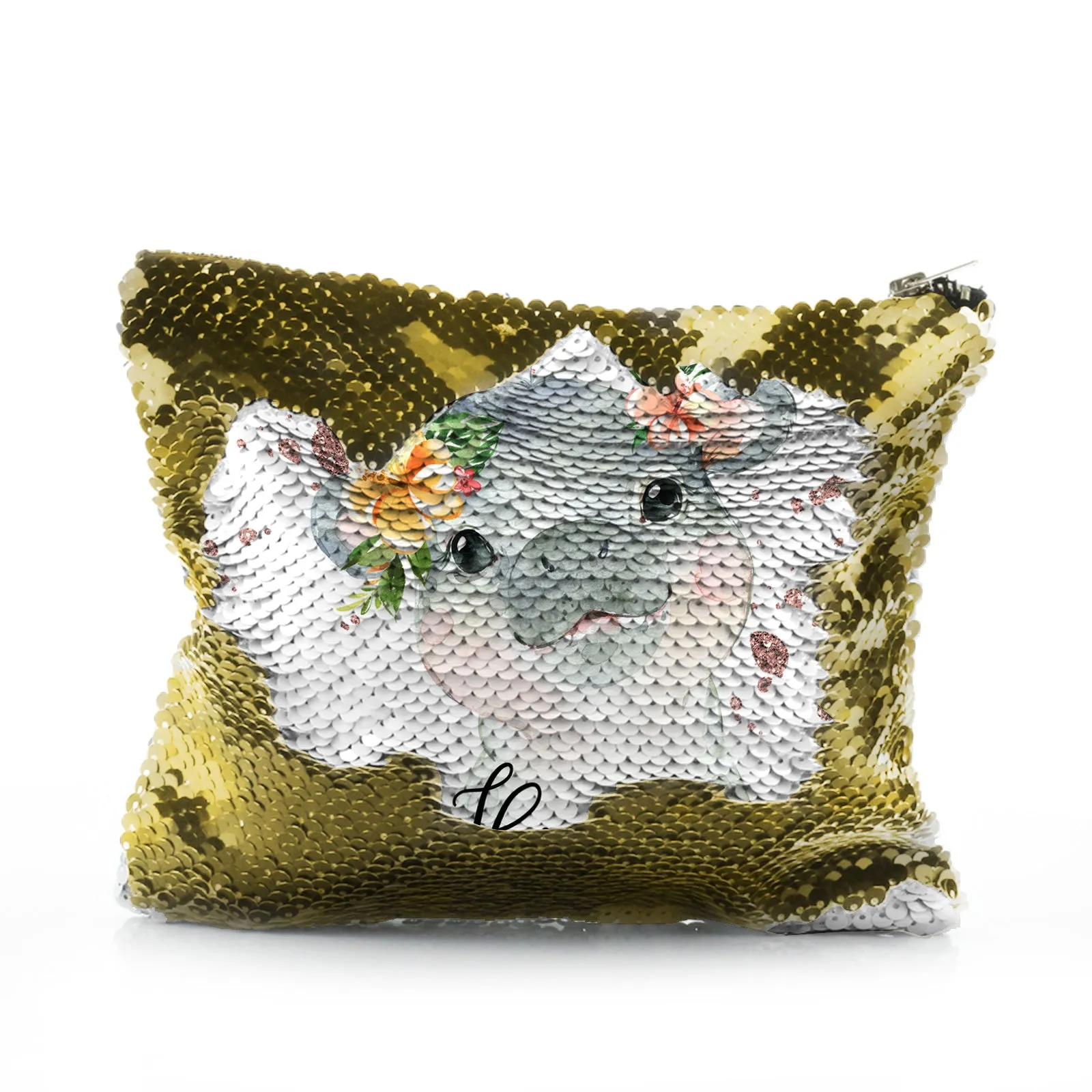 Personalised Sequin Zip Bag with Hippo Rain Drop Glitter Print and Cute Text