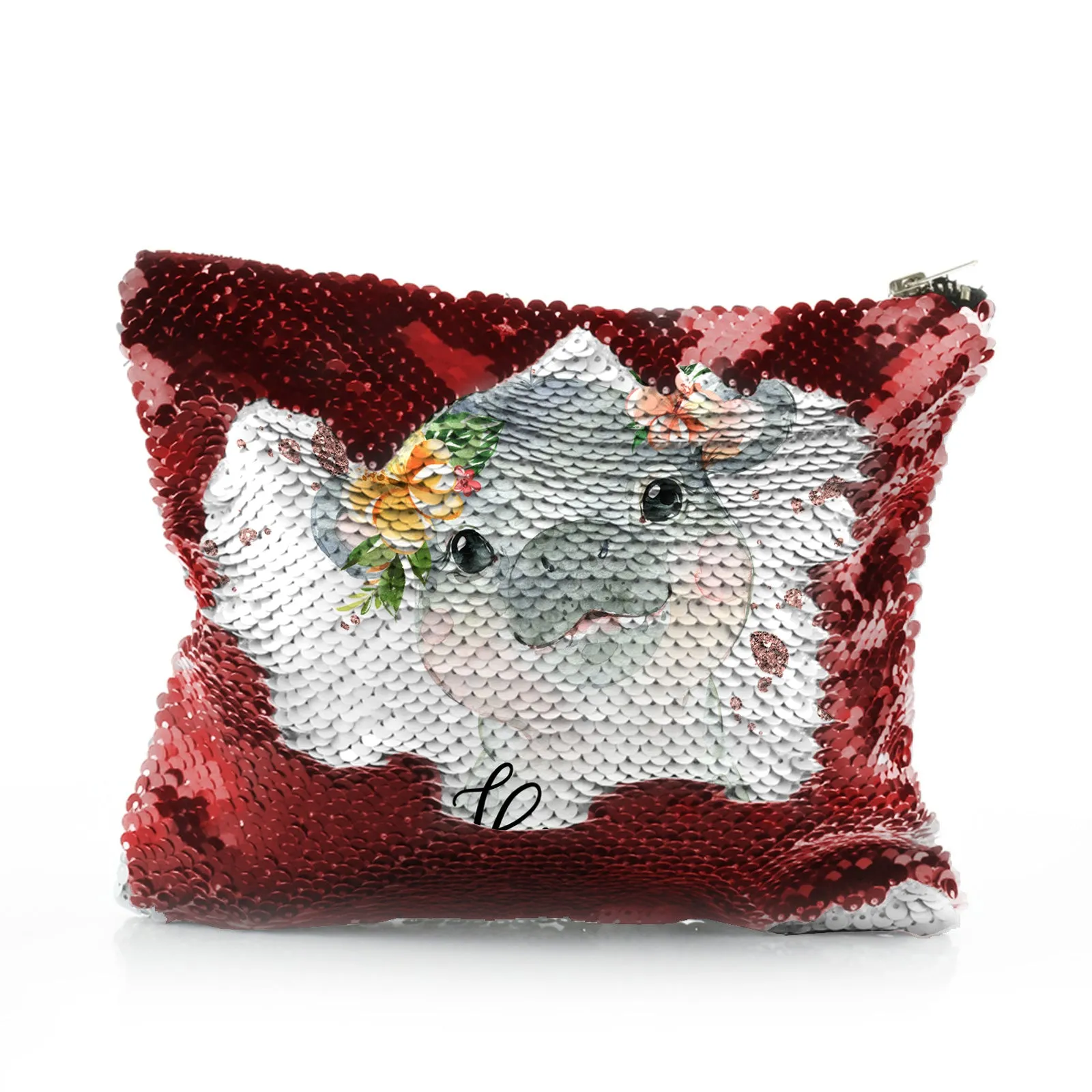 Personalised Sequin Zip Bag with Hippo Rain Drop Glitter Print and Cute Text