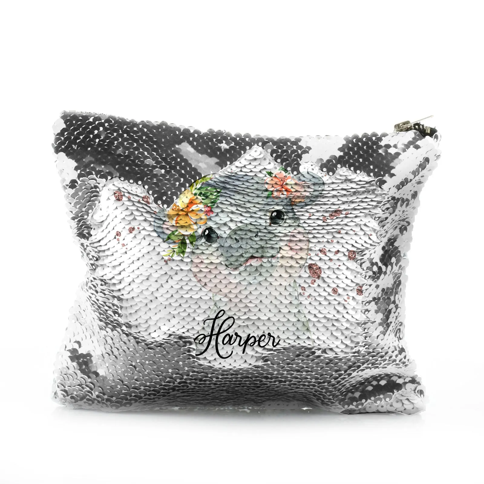 Personalised Sequin Zip Bag with Hippo Rain Drop Glitter Print and Cute Text