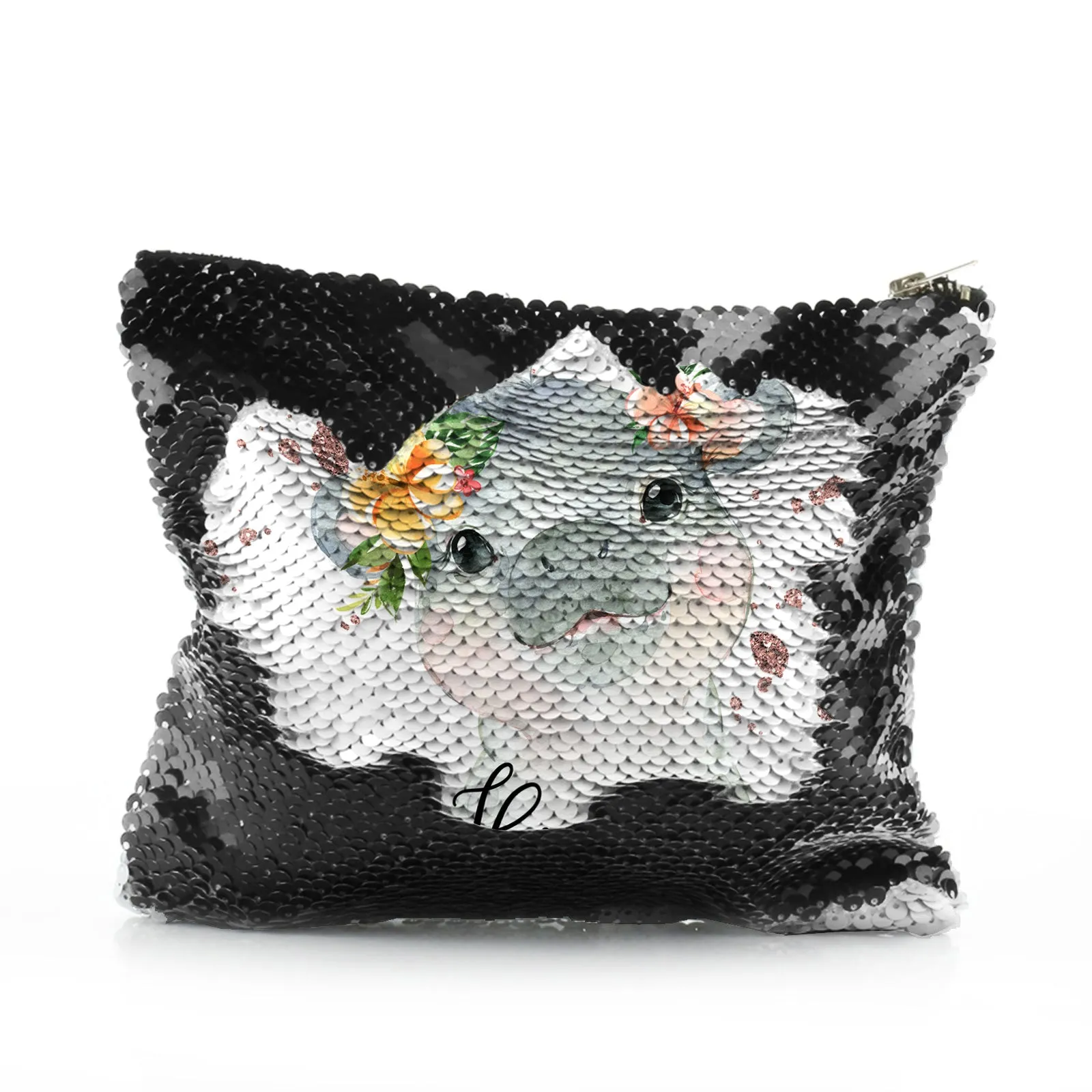 Personalised Sequin Zip Bag with Hippo Rain Drop Glitter Print and Cute Text