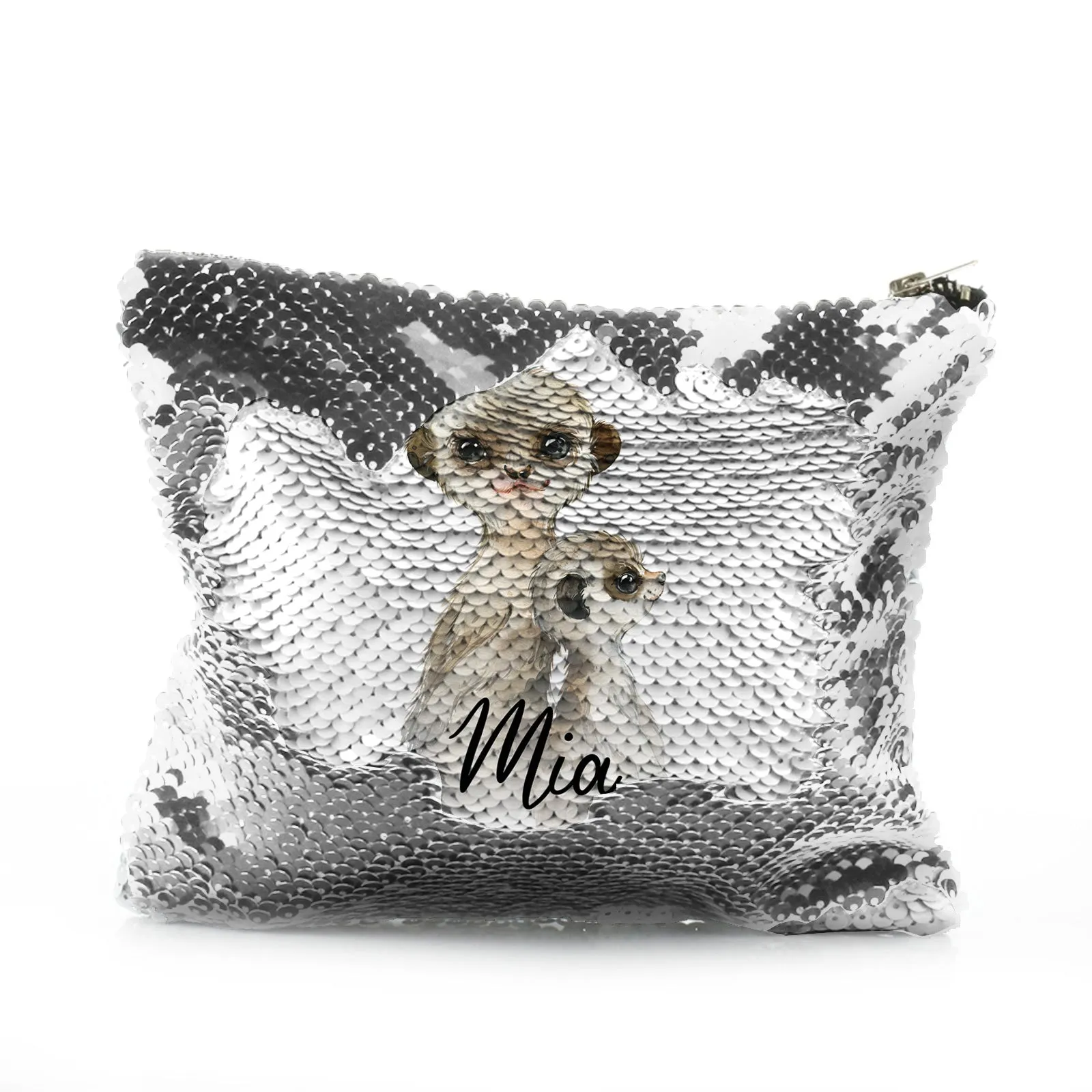 Personalised Sequin Zip Bag with Meerkat Baby and Adult and Cute Text