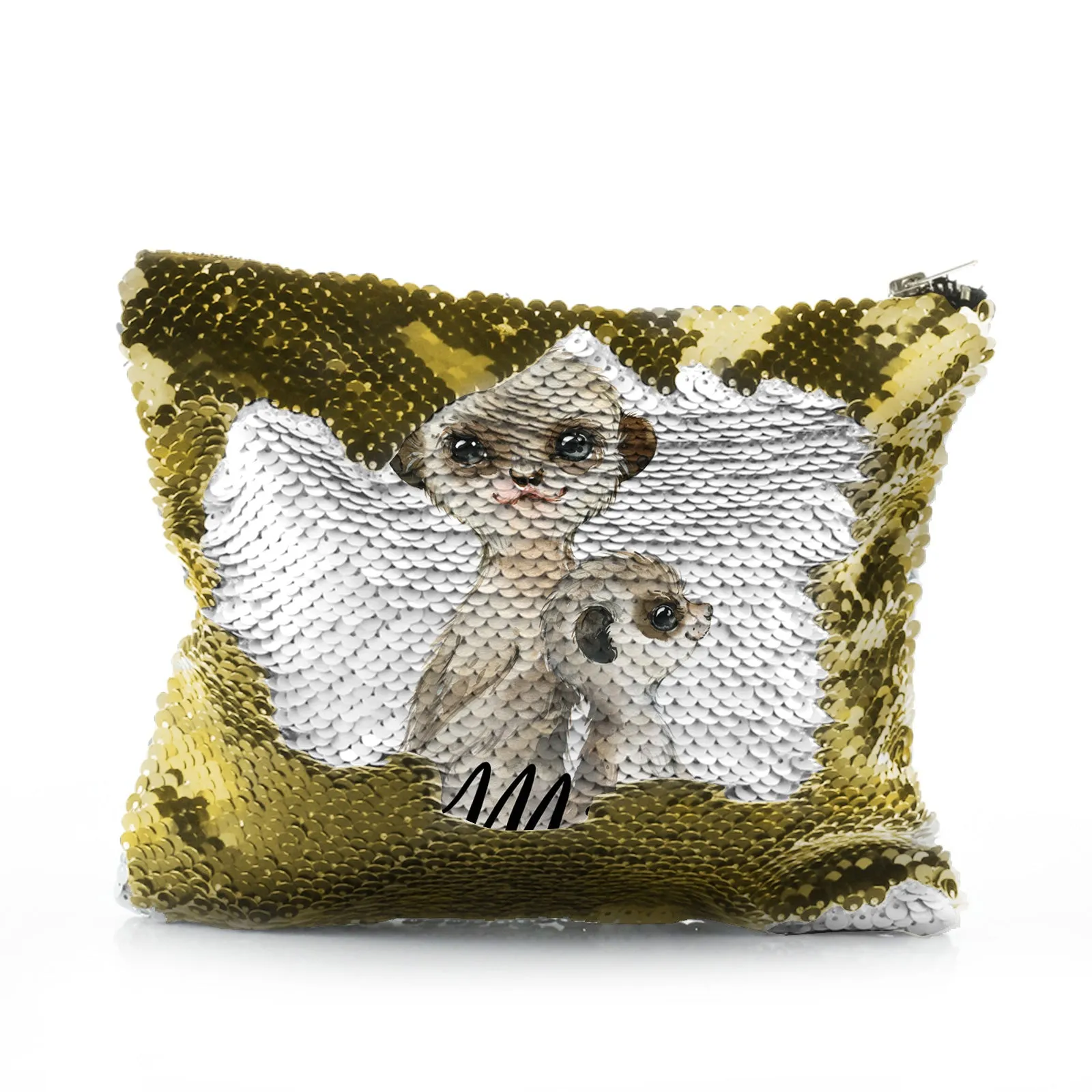 Personalised Sequin Zip Bag with Meerkat Baby and Adult and Cute Text