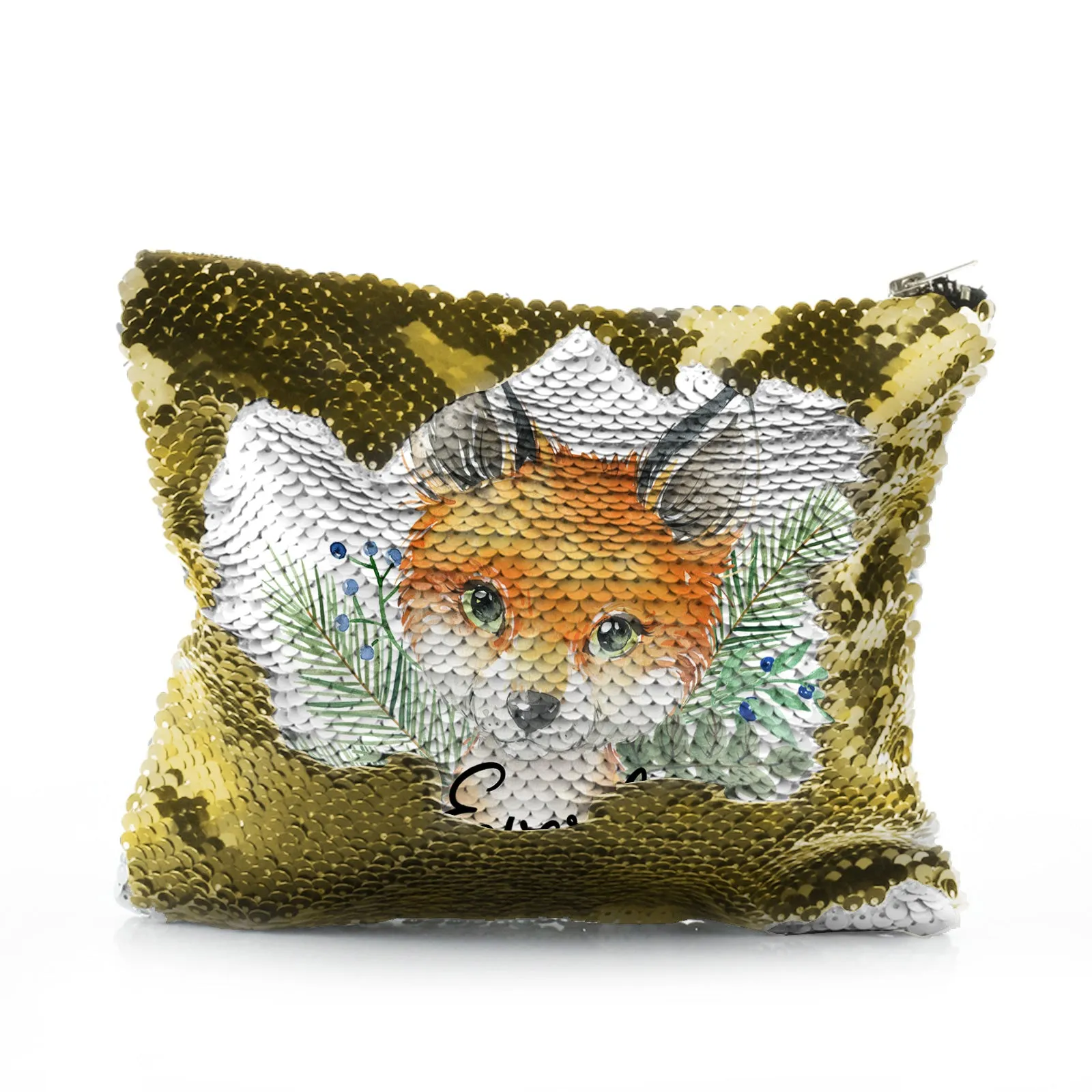 Personalised Sequin Zip Bag with Red Fox Blue Berries and Cute Text