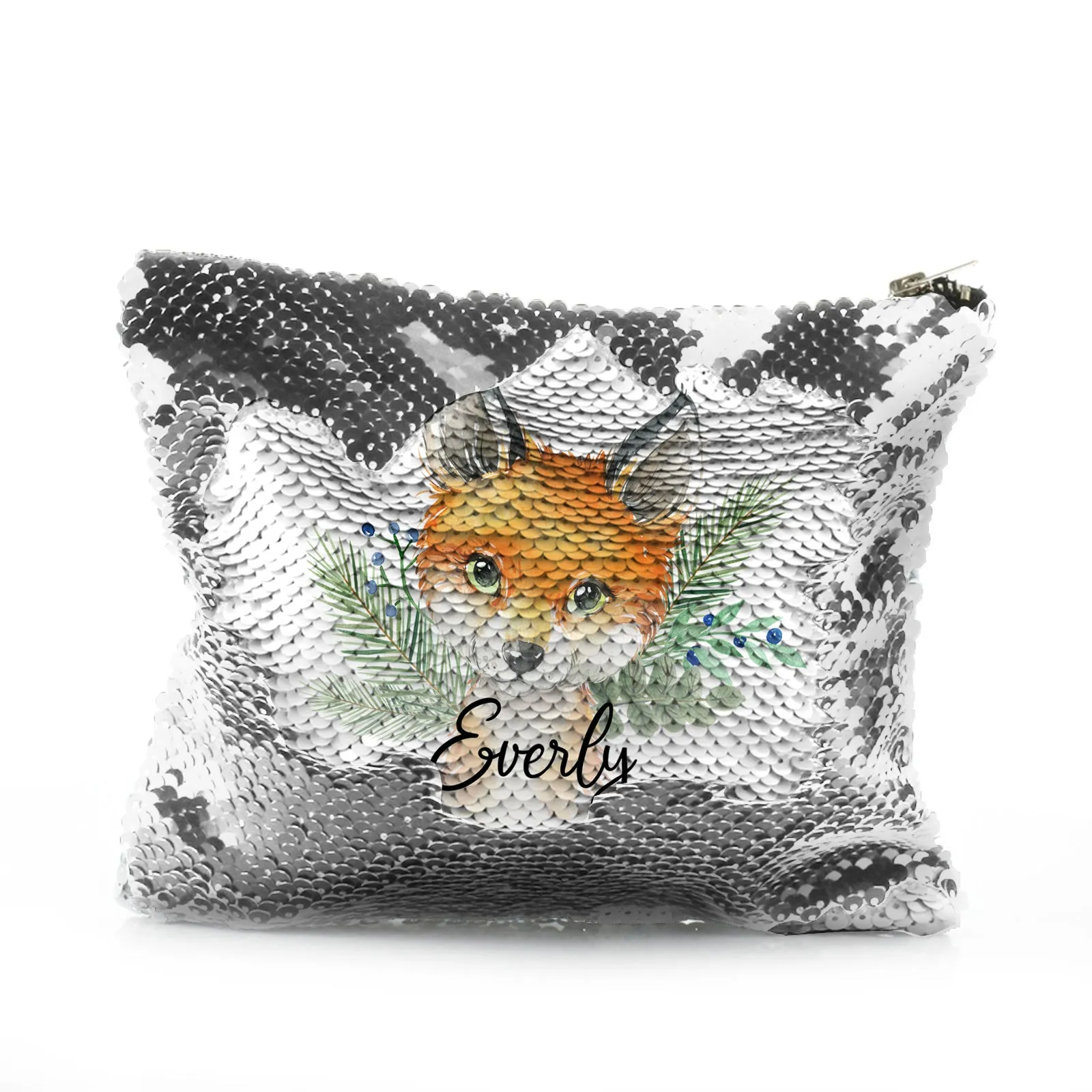 Personalised Sequin Zip Bag with Red Fox Blue Berries and Cute Text