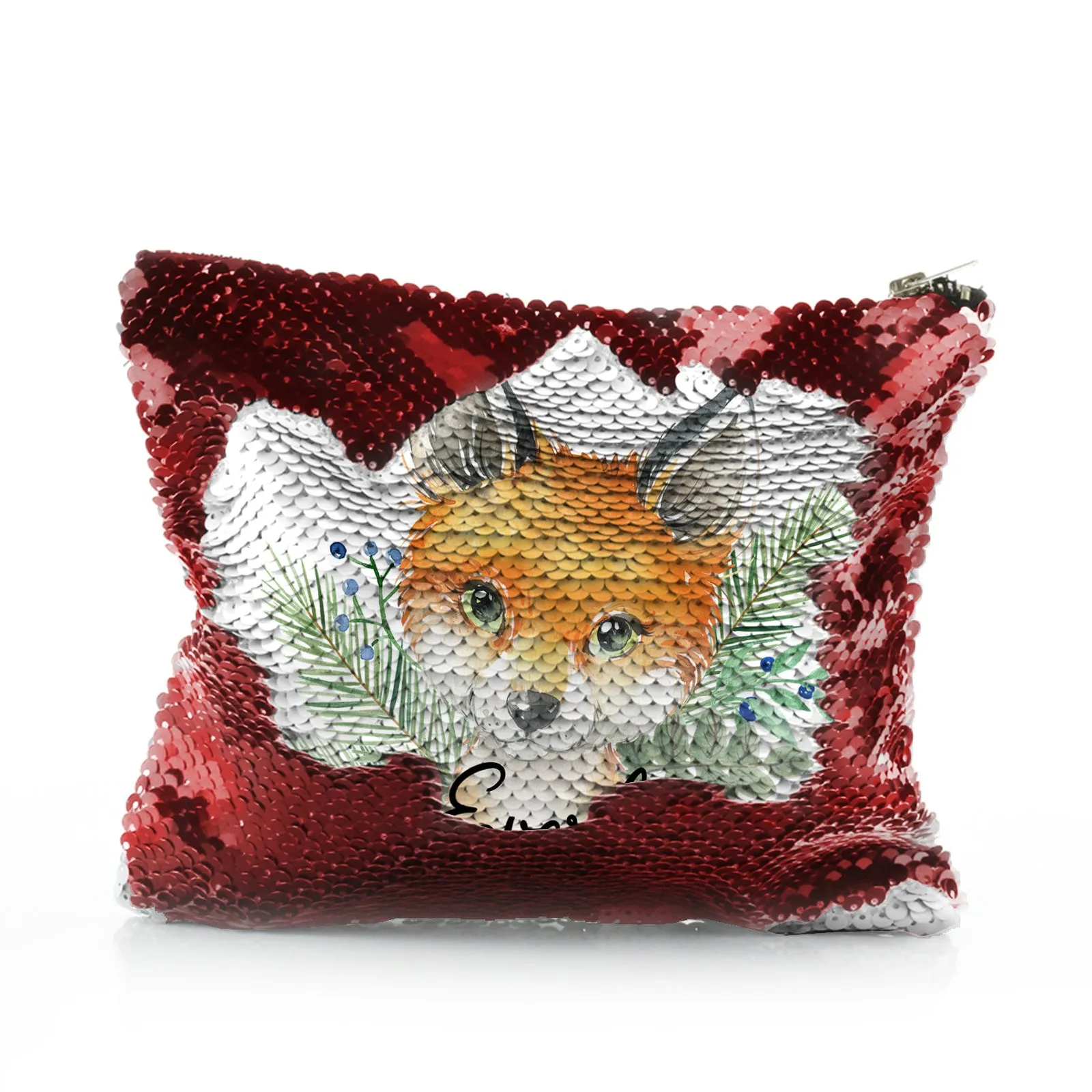 Personalised Sequin Zip Bag with Red Fox Blue Berries and Cute Text