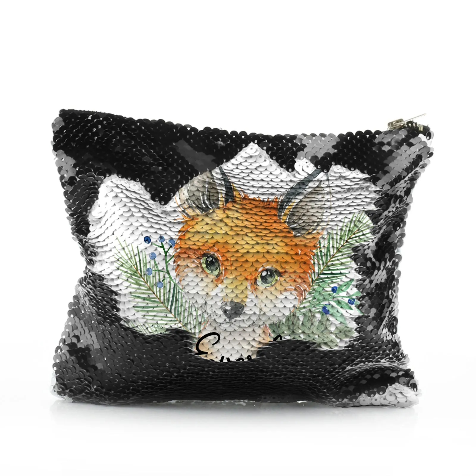 Personalised Sequin Zip Bag with Red Fox Blue Berries and Cute Text