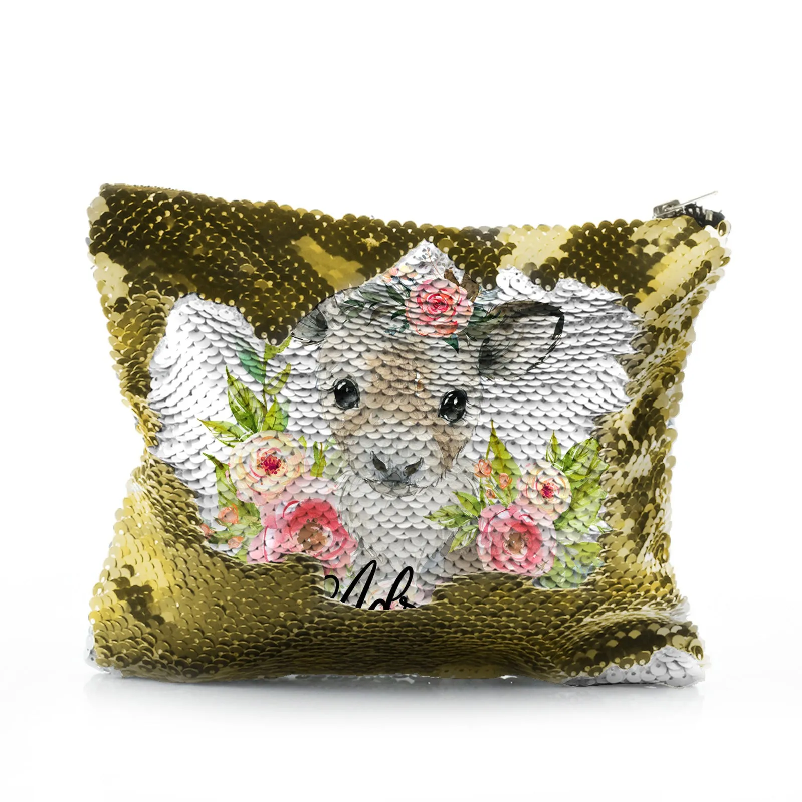 Personalised Sequin Zip Bag with Reindeer Pink Flowers and Cute Text