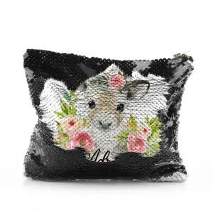 Personalised Sequin Zip Bag with Reindeer Pink Flowers and Cute Text