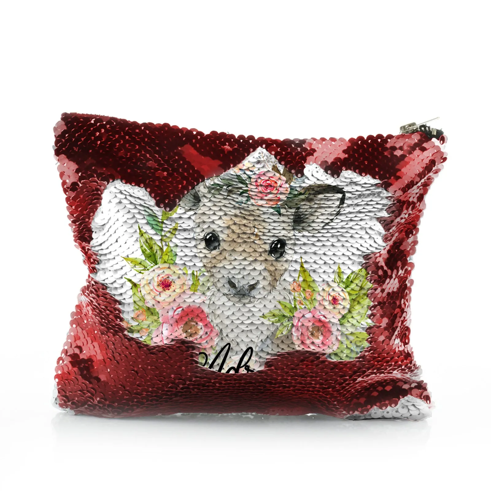 Personalised Sequin Zip Bag with Reindeer Pink Flowers and Cute Text