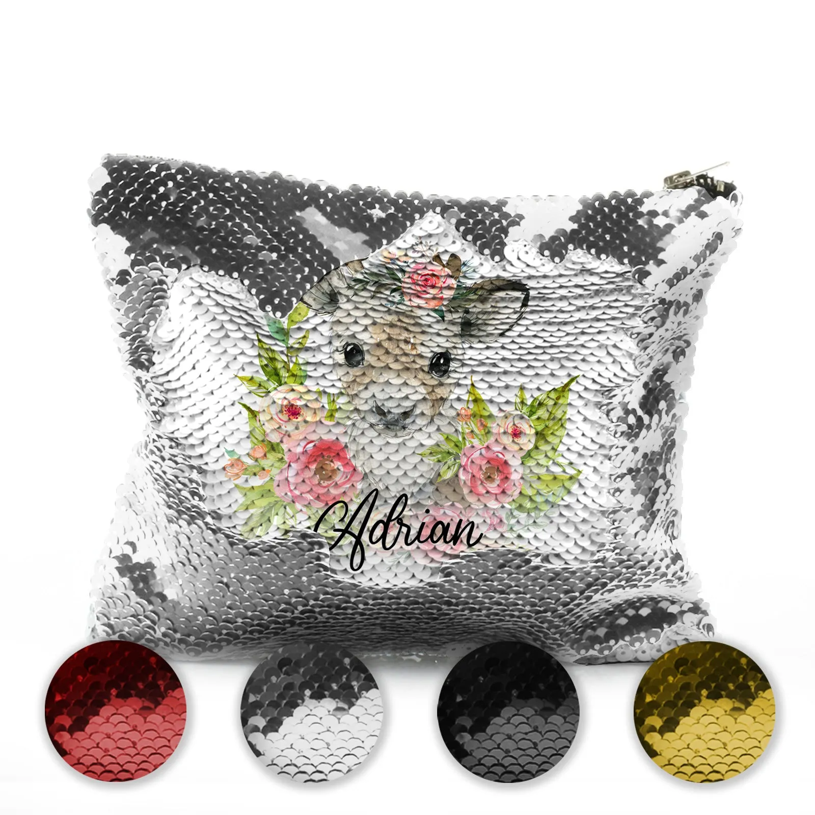 Personalised Sequin Zip Bag with Reindeer Pink Flowers and Cute Text