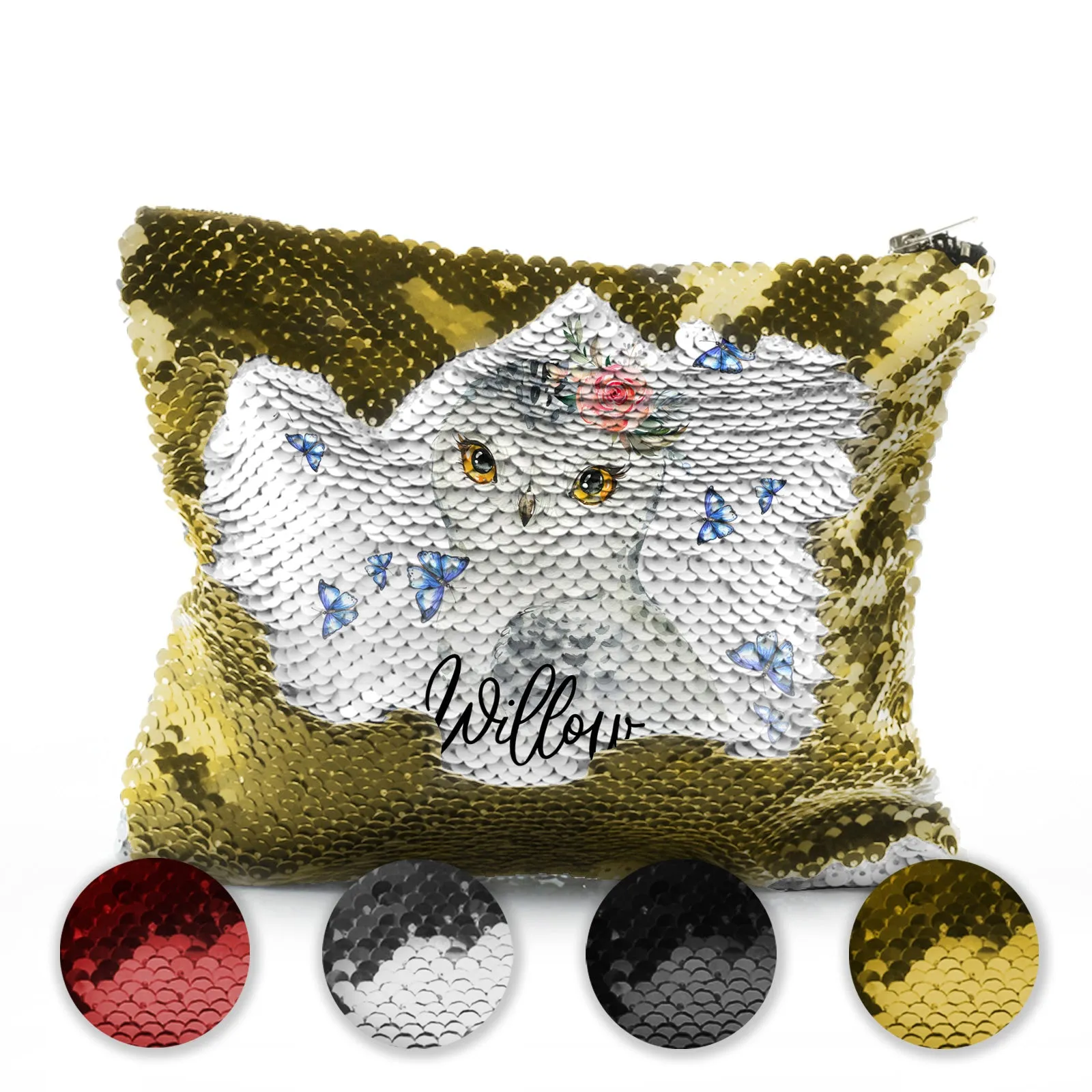 Personalised Sequin Zip Bag with Snow Owl Blue Butterfly and Cute Text